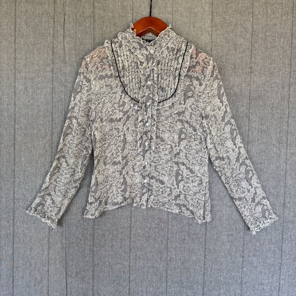 Vintage Y2K INC Silk Black White Lace Print Victorian Collar Long Sleeve Blouse